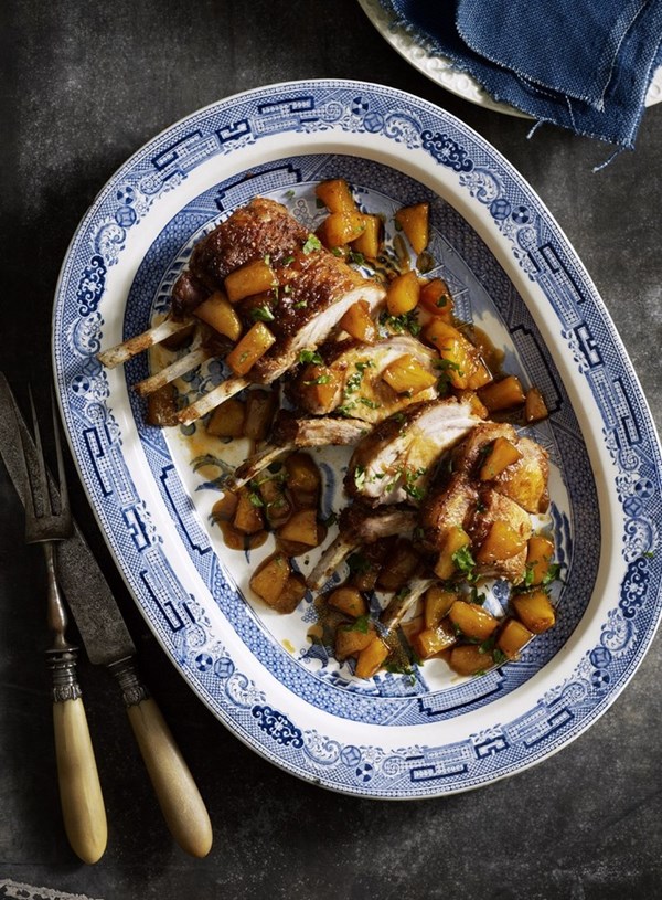 Roasted sweet and sour rack of pork with sticky pineapple and ginger