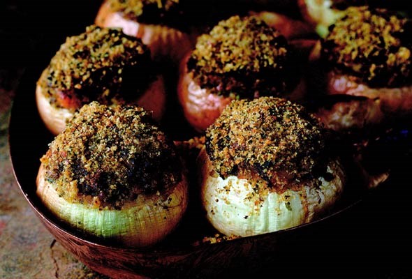 Roasted sweet onions stuffed with ground lamb and apricots