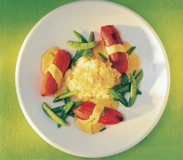 Roasted sweet pepper rolls of caper-pinenut stuffing with a roasted garlic-chive cream, lemon risotto and sugar snaps
