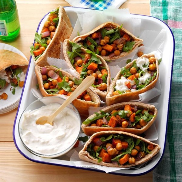 Roasted sweet potato & chickpea pitas