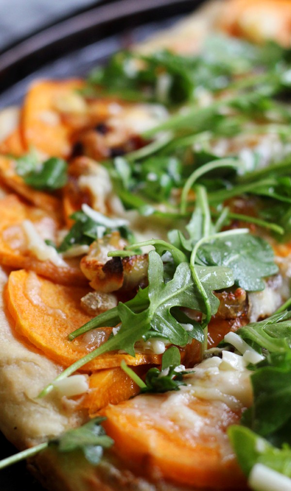 Roasted sweet potato and caramelized onion pizza