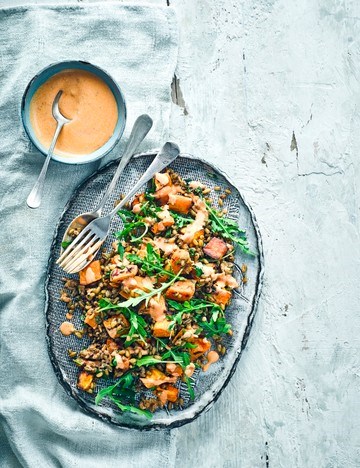 Roasted sweet potato and freekeh salad with harissa-yogurt dressing