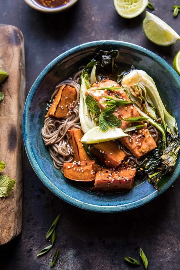 Roasted sweet potato and salmon soba noodle bowl