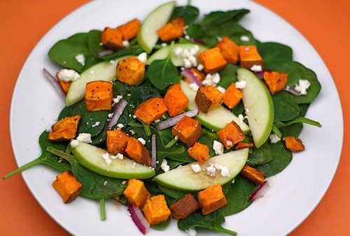 Roasted sweet potato, apple, and spinach salad