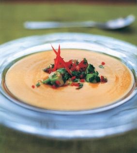 Roasted sweet potato bisque with avocado and lime salsa