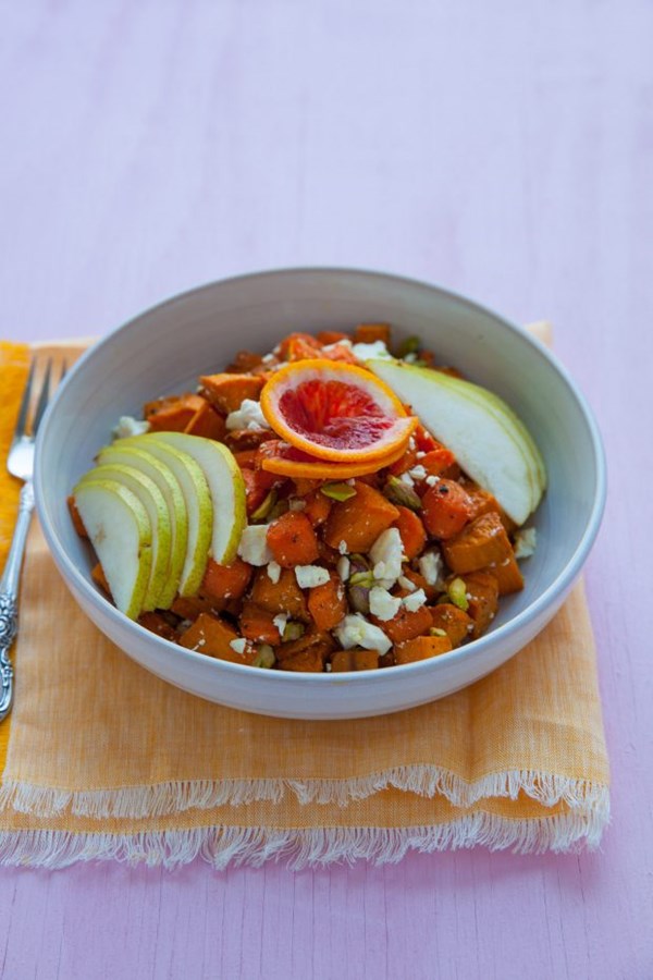 Roasted sweet potato carrot salad with blood orange vinaigrette