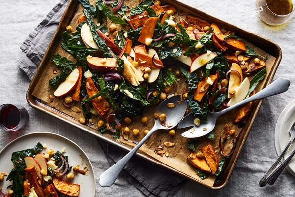 Roasted sweet potato, chickpea, and kale sheet pan salad