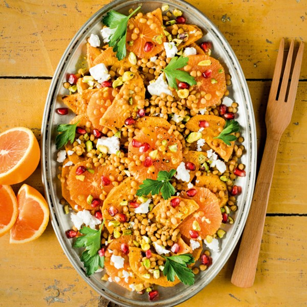 Roasted sweet potato, lentil, and orange salad