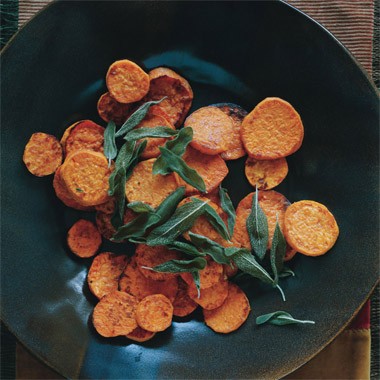 Roasted sweet-potato rounds with garlic oil and fried sage