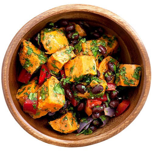 Roasted sweet potato salad with black beans and chili dressing