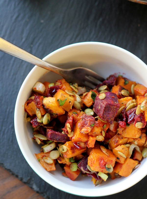 Roasted sweet potato salad with cranberry-chipotle dressing