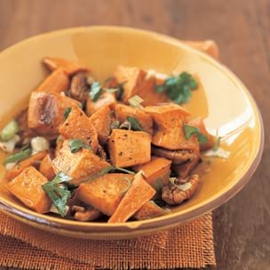 Roasted sweet potato salad with pecans and green onion