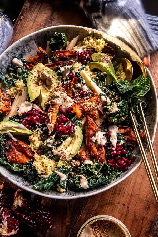 Roasted sweet potato salad with tahini dressing