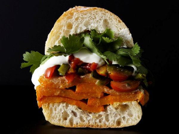 Roasted sweet potato sandwich with rajas salsa