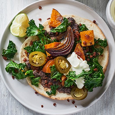 Roasted sweet potato tacos with chorizo