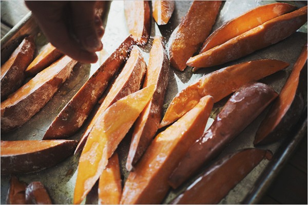 Roasted sweet potato wedges with avocado chimichurri