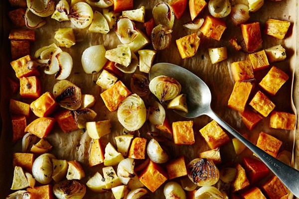 Roasted sweet potatoes and apple with pearl onions and crispy sage