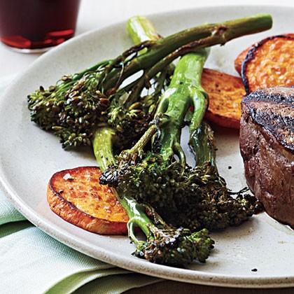 Roasted sweet potatoes and broccolini