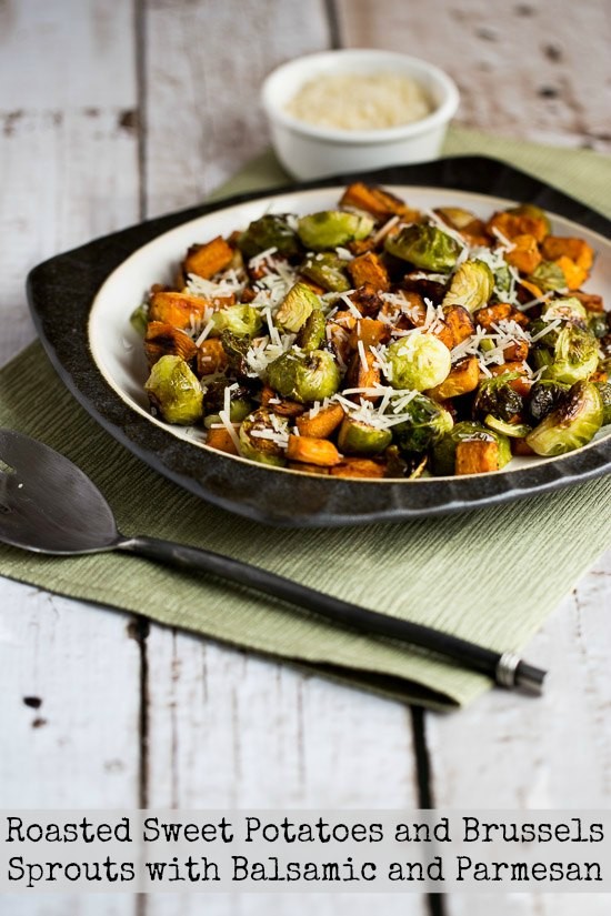 Roasted sweet potatoes and Brussels sprouts with balsamic and Parmesan