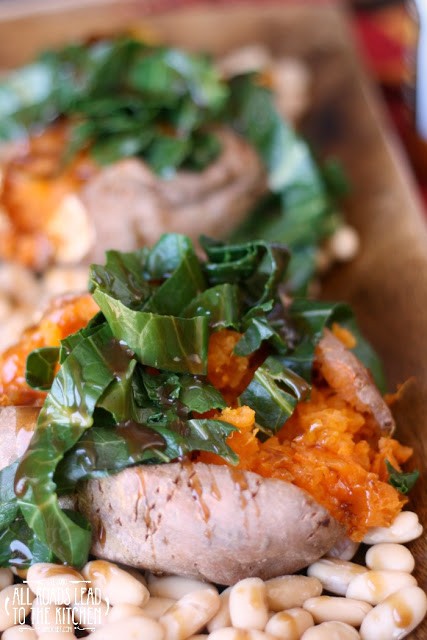 Roasted sweet potatoes and collard greens with honey balsamic veggie drizzle