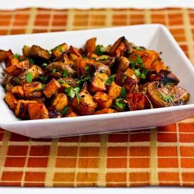Roasted sweet potatoes and mushrooms with thyme and parsley