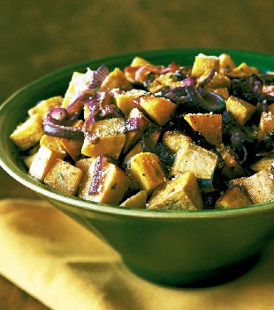 Roasted sweet potatoes and onions with rosemary and Parmesan