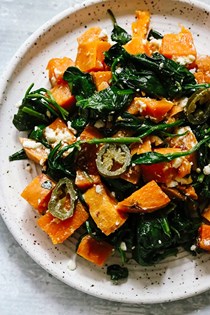 Roasted sweet potatoes and spinach with pickled jalapeno dressing