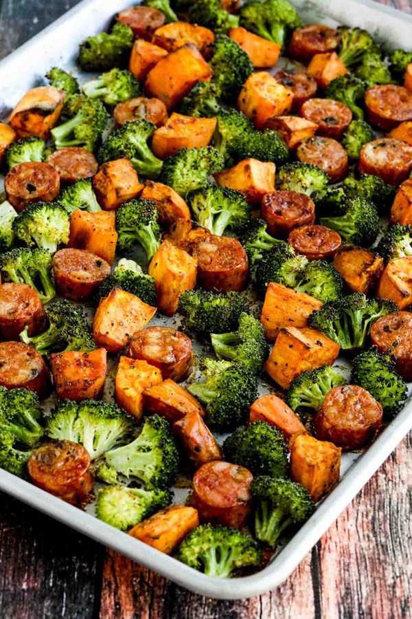 Roasted sweet potatoes, sausage, and broccoli sheet pan meal