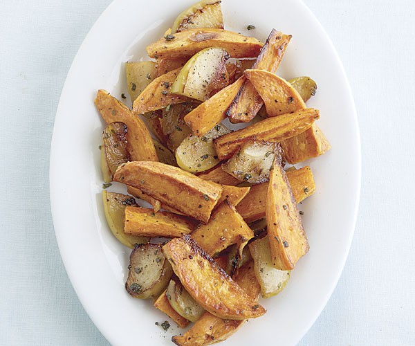 Roasted sweet potatoes with apples and maple-sage butter