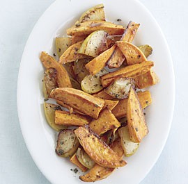 Roasted sweet potatoes with apples and maple-sage butter