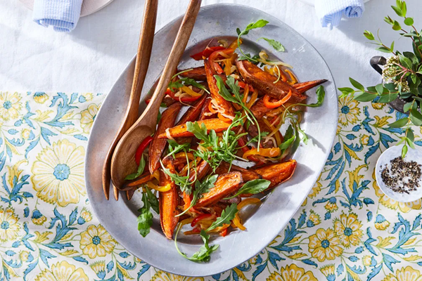 Roasted sweet potatoes with peperonata & greens