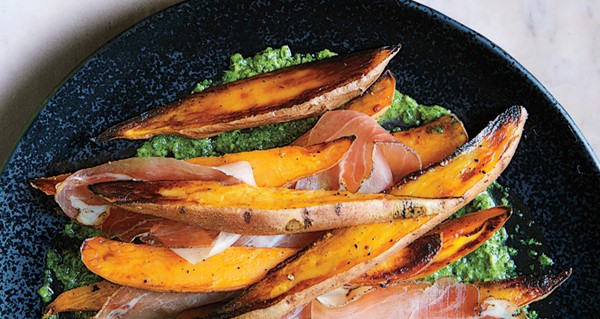 Roasted sweet potatoes with speck and chimichurri