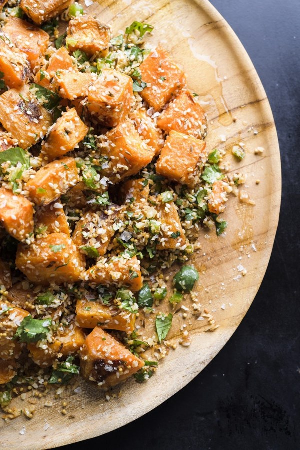 Roasted sweet potatoes with toasted spices and cilantro (Sabzi)