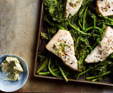 Roasted swordfish & broccoli rabe with piccata butter