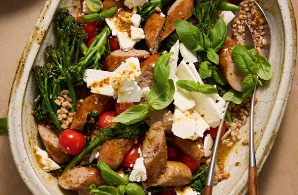 Roasted Tenderstem, sausage & feta warm salad
