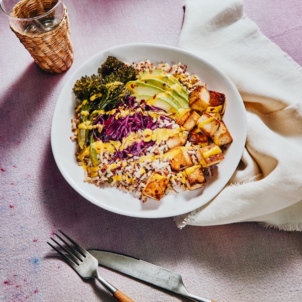 Roasted tofu grain bowls with miso-tahini sauce