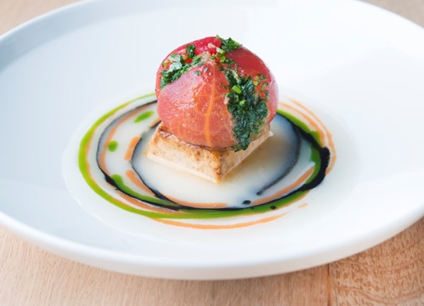 Roasted tofu with tamari, aubergine flower and tomato emulsion