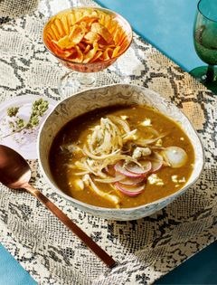 Roasted tomatillo and poblano soup with shredded chicken