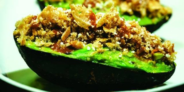 Roasted tomatillo guacamole with crunchy chicharrón