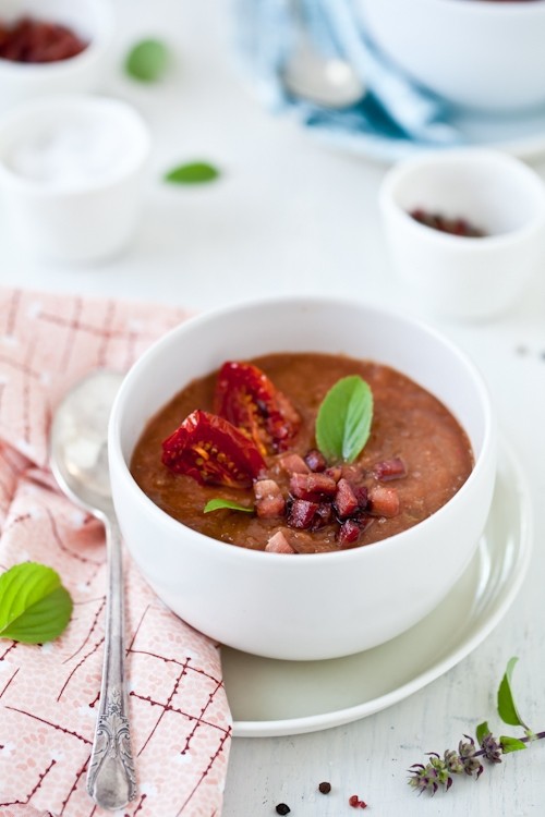 Roasted tomato & vegetable soup with tasso ham