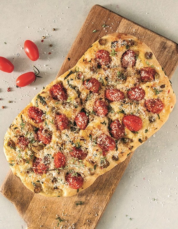Roasted tomato and green olive focaccia