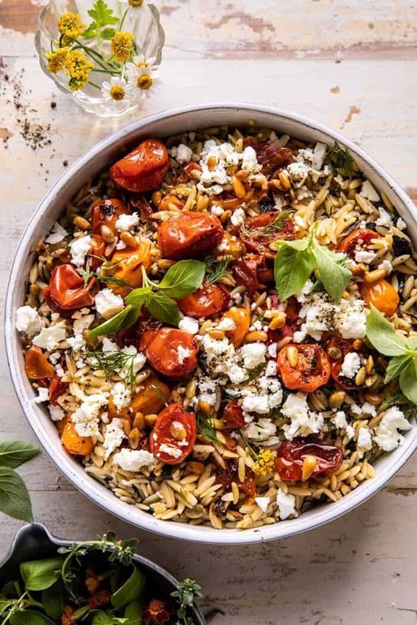 Roasted tomato basil and feta orzo
