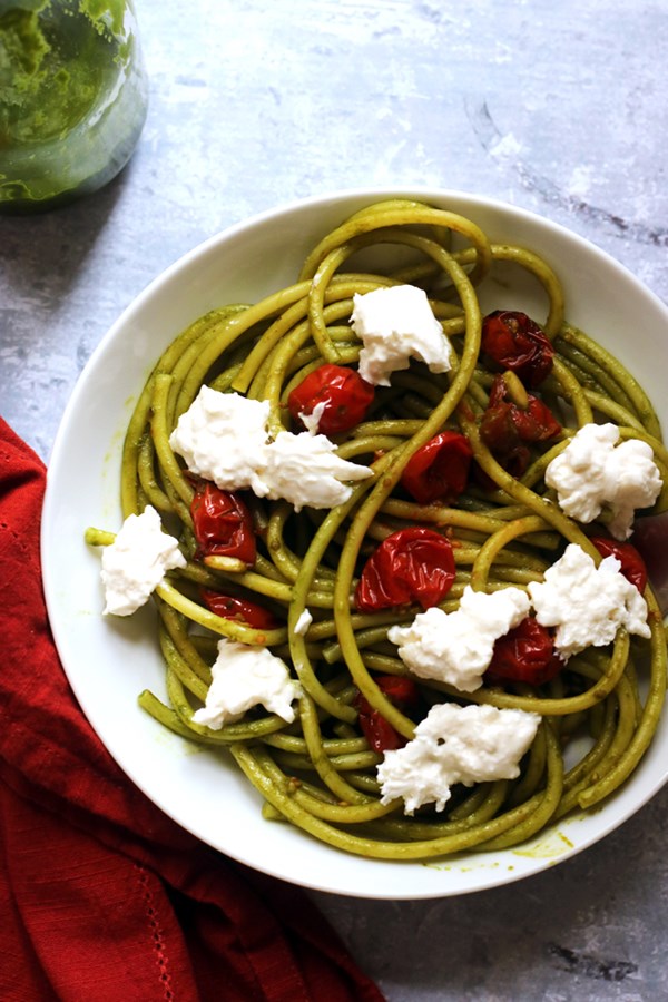 Roasted tomato bucatini with burrata and basil vinaigrette