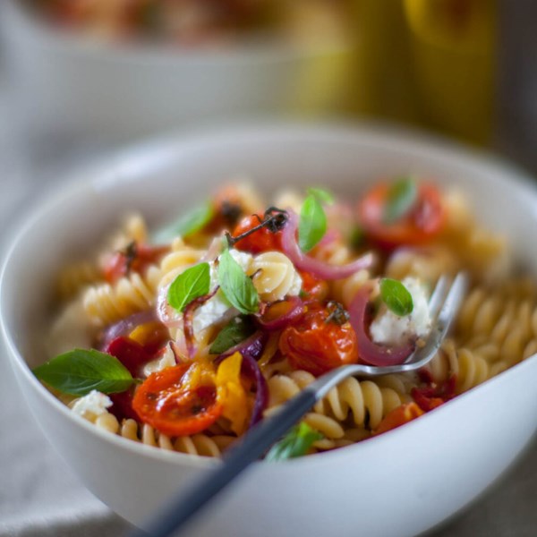 Roasted tomato, capsicum, chilli and goat's cheese pasta salad