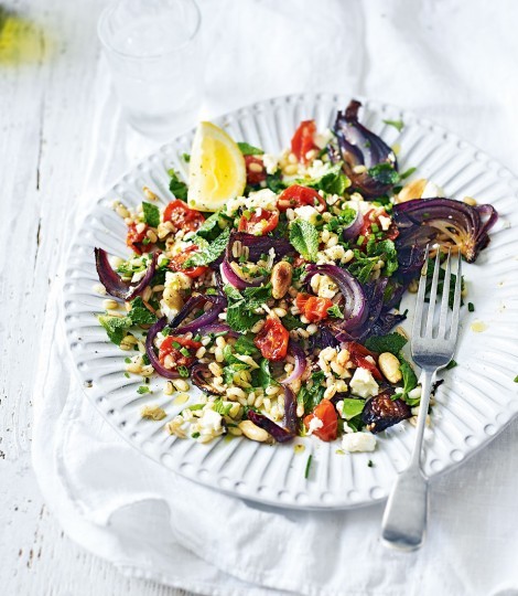 Roasted tomato salad with feta pearl barley and herbs