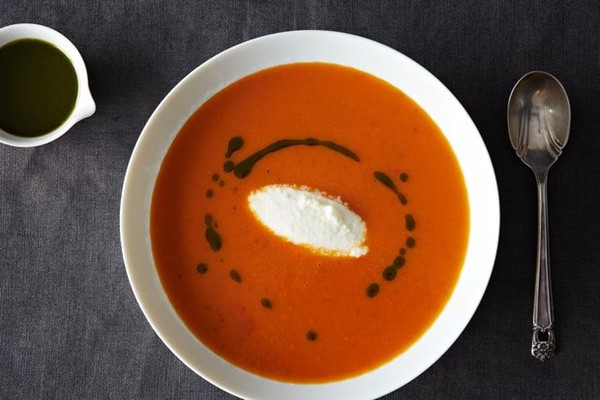 Roasted tomato, whipped burrata, and basil oil soup