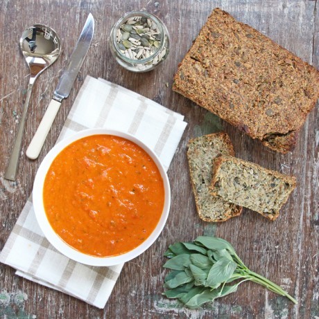 Roasted tomato with red pepper and basil cannellini soup