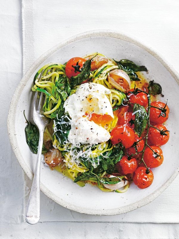 Roasted tomato zucchini pasta with poached egg