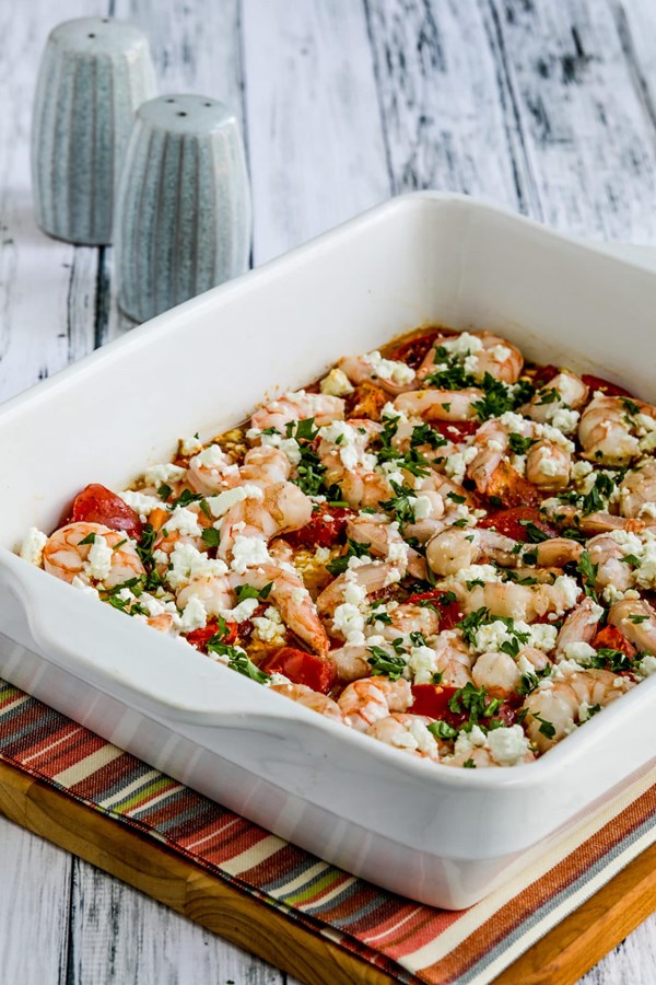 Roasted tomatoes and shrimp with feta
