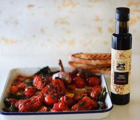 Roasted tomatoes with vino cotto and herbs